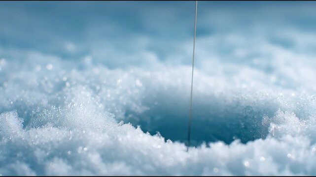 Ice Fishing Hook Drops Through a Hole in the Ice and Waits for a Catch During a Cold Winter Day
