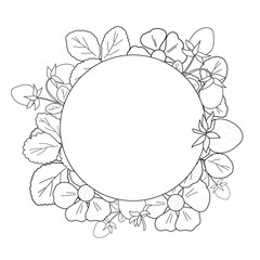 Round Vector Frame with Flowers, Strawberries, and Leaves. Black and white botanical line art with space for text in the center. Suitable for cards and invitations