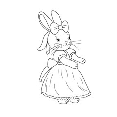 Cute line art illustration of a bunny in a dress with a big bow. Black and white outline drawing for coloring pages, children books, cards and educational materials. Vector.