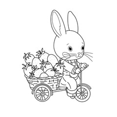 Cute bunny character cycling bicycle with basket full of strawberries. Whimsical black and white vector illustration for kids and storybooks. Playful rabbit in overalls on summer garden adventure