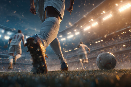 Dynamische Fu&szlig;ballszene mit Sprint und Ball im Stadion