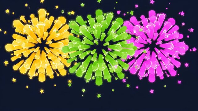 Animated fireworks display with rockets launching and vibrant colorful bursts against a dark