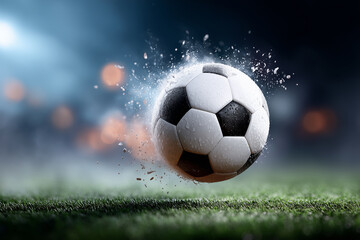 Fototapeta premium Fußball im Flug über Staub und Sand