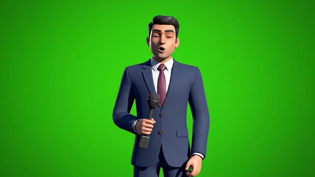 Cartoon businessman holding microphone. Vector illustration of man in blue suit and red tie. News anchor character. Green screen background. Comical male figure. Business professional cartoon.