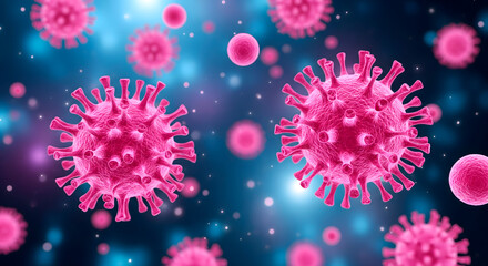Conceptual illustration of a virus with a vibrant pink color and a blue background