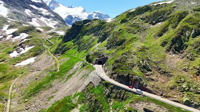 Aerial drone view of scenic road Susten Pass mountain pass in Swiss Alps in summer. Switzerland 4k.