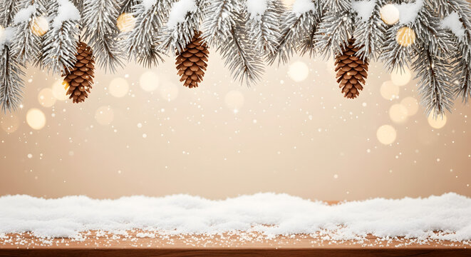 Festive Christmas scene with snow-covered pine branches and pine cones - Powered by Adobe