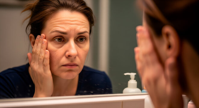 Woman looking at herself in the mirror, concerned about her appearance