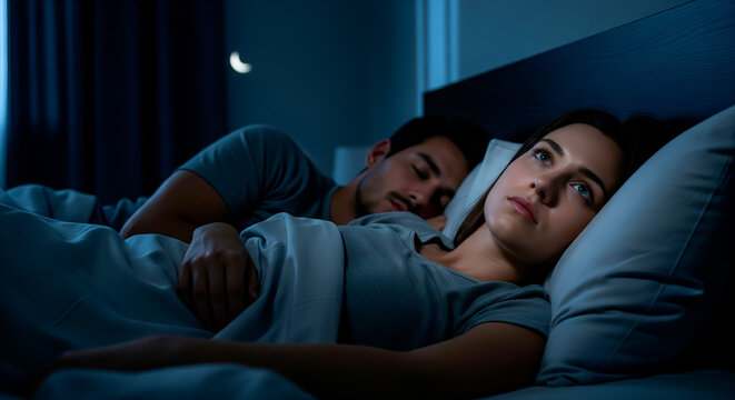Woman awake in bed while her partner sleeps, insomnia concept