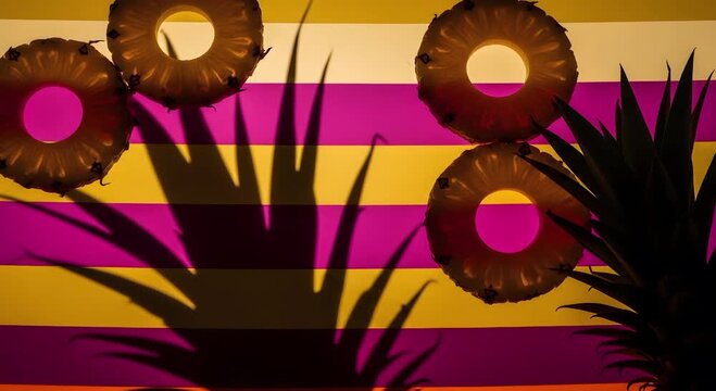 Pineapple slices and plant silhouette on colorful striped backdrop