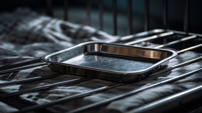 High resolution photo of prison food tray waiting on metal bed frame.