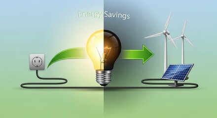 Electric light bulb from an outlet transforming into clean renewable energy from wind turbines and solar panels, representing global economic savings and ecological sustainability.