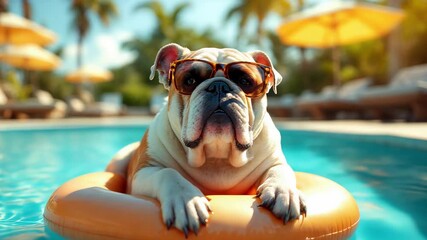 Amusing bulldog enjoying sunlit days aboard colorful swimming ring - Powered by Adobe