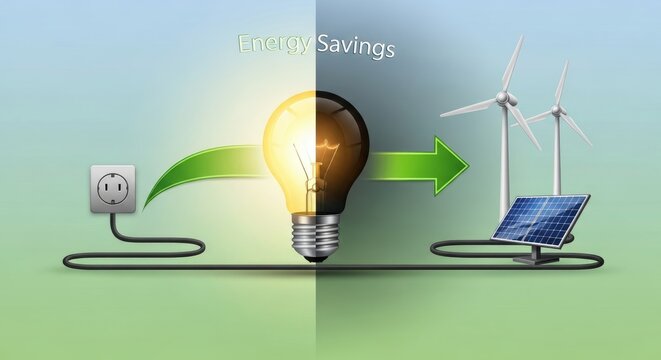 Electric light bulb from an outlet transforming into clean renewable energy from wind turbines and solar panels, representing global economic savings and ecological sustainability.