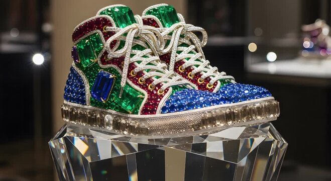 A pair of jeweled sneakers displayed on a crystal pedestal stand