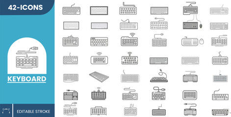 42 Icons set of Keyboard for Computer Typing, Office Work, Gaming and Digital Design in Vector Style.	