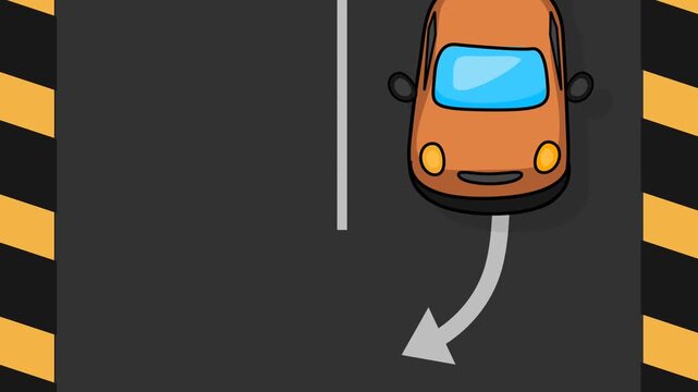 An animation of an orange car making a turn on a dark road with yellow-black safety stripes on the sides. 
