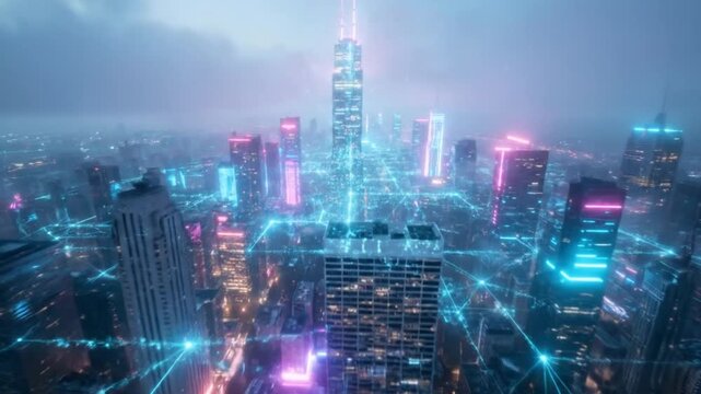 A futuristic smart city skyline with a glowing neon data network connecting buildings at night