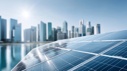 Fototapeta premium Solar panels reflecting sunlight with a modern city skyline behind them symbolizing renewable energy sustainability innovation and clean urban development, Generative AI