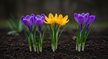 Vibrant purple and yellow crocus flowers push through the soil, signaling the arrival of the spring season and warmer weather, Crocus, purple, blossom