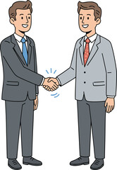 Cartoon business handshake, professional agreement, dark and light suits, partnership moment, vector illustration, corporate deal, teamwork, success, collaboration