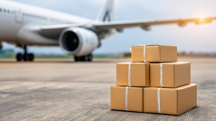 Stack of brown cardboard boxes on an airport tarmac with a large cargo plane blurred in the background, symbolizing global shipping and logistics.