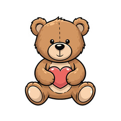 Cute brown cartoon teddy bear sitting, holding a vibrant pink heart, symbolizing love, affection, and friendship, ideal for romantic themes on transparent background.