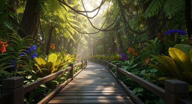 Soft sunlight filters through dense tropical foliage, illuminating a wooden pathway and creating a peaceful refreshing walk.