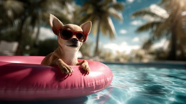 Compact dog enjoys calm turquoise water with sunny outdoor