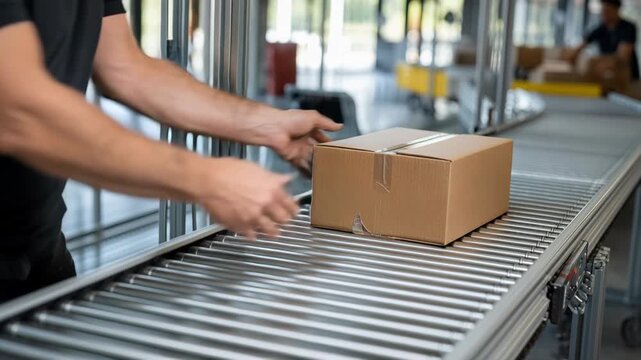 A worker in a warehouse places a cardboard box onto a roller conveyor belt, ensuring smooth movement for sorting and delivery.