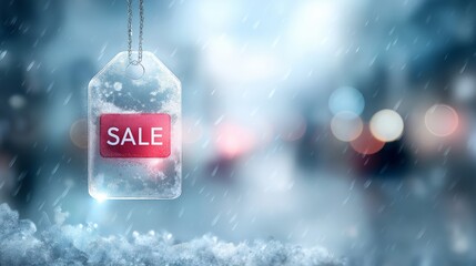 Icy SALE hanging tag in snowy scene with cold frosty ambience representing winter discount promotion for seasonal retail, Generative AI
