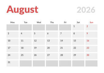 Monthly page Calendar Planner Template design of August 2026. Vector layout of calendar with week start Monday for Scheduling. Page for size A4 or 21x29.7 cm