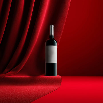 Mock-up bouteille de vin rouge avec &eacute;tiquette vierge fond rouge et rideau satin&eacute; pour visuel commercial autour du Beaujolais nouveau en novembre