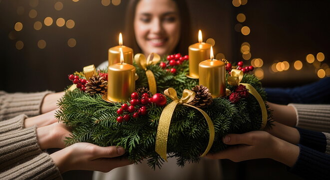 Multiple hands gently hold an Advent wreath, featuring four glowing golden candles, green pine branches, red berries, and beautiful ribbons. A warm festive light fills the scene.