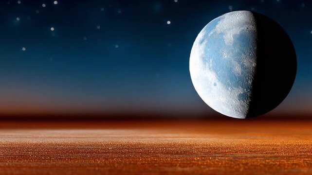 Celestial Horizon: A mesmerizing lunar view against a starlit night sky, casting a captivating glow over an ochre terrain.