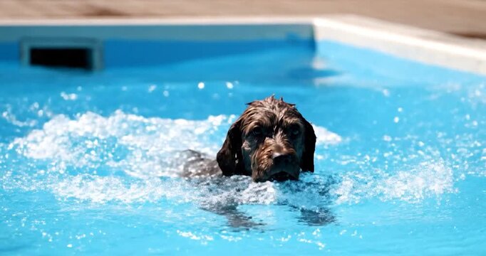 Portuguese Water Dog mid-air after powerful dock dive splash. Competition, dog, water.