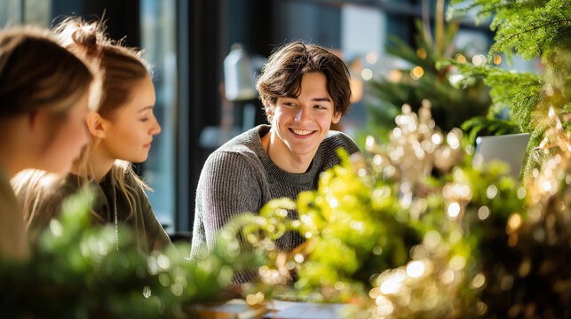 Defocused young professionals collaborating in bright workspace winter sunlight subtle holiday decorations faceless team meeting modern office culture seasonal business