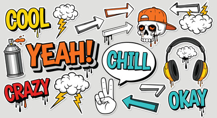 A collection of colorful graffiti-style stickers featuring words like "Cool", "Yeah", "Chill", and "Okay"