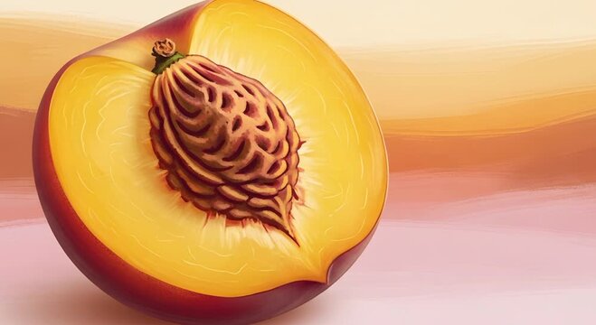 A halved peach with a visible pit on an abstract background art