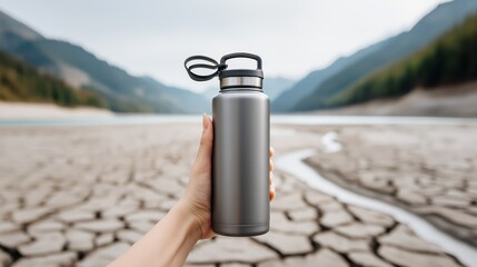 Metal water bottle held above cracked drought landscape symbolizing climate crisis, environmental scarcity, and sustainable hydration awareness, Generative AI
