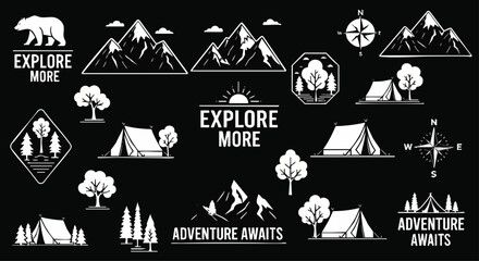 A collection of white silhouette vector graphics featuring camping, mountains, trees, compasses, bears, and motivational adventure slogans on a black background