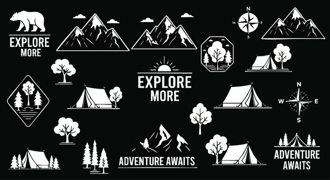 A collection of white silhouette vector graphics featuring camping, mountains, trees, compasses, bears, and motivational adventure slogans on a black background - Powered by Adobe