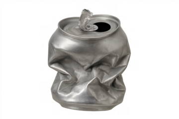 Crushed aluminum soda can, symbolizing waste reduction, recycling efforts, environmental protection, and sustainable practices. Transparent background