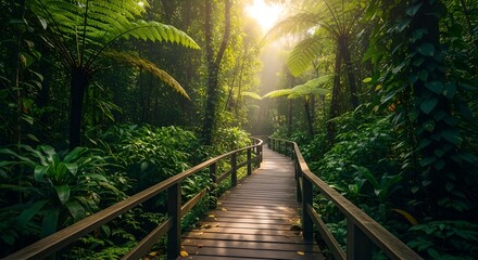 Sunlit wooden trail winding through serene tropical jungle nature scene.