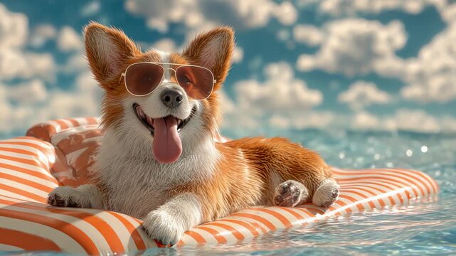 Corgi splashing in bright pool, Playful corgi with tongue out