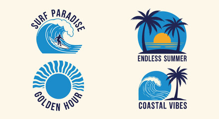 A set of four retro surfing and beach vacation emblems featuring palm trees, ocean waves, sunbursts, and surfers with text like "Coastal Vibes" and "Endless Summer