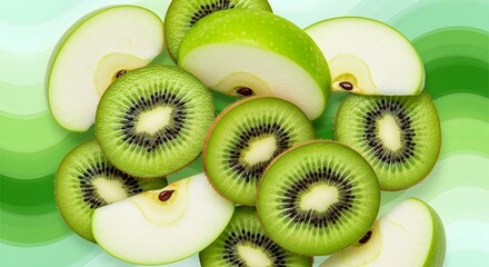 A close up of sliced kiwi fruit and green apple on green background