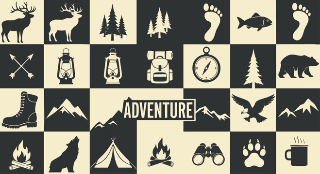 A versatile set of black and white icons representing outdoor adventure, camping, and wilderness themes, perfect for graphic design projects