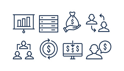 Finance and Business Management Line Icon Set: Bar Chart Presentation, Data Server, Money Handout, Human Resources, Exchange Rate, and Investment Symbols
