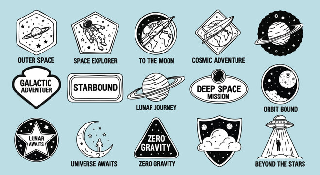 A vintage set of black and white space exploration badges and patches featuring astronauts, rockets, planets, and moons